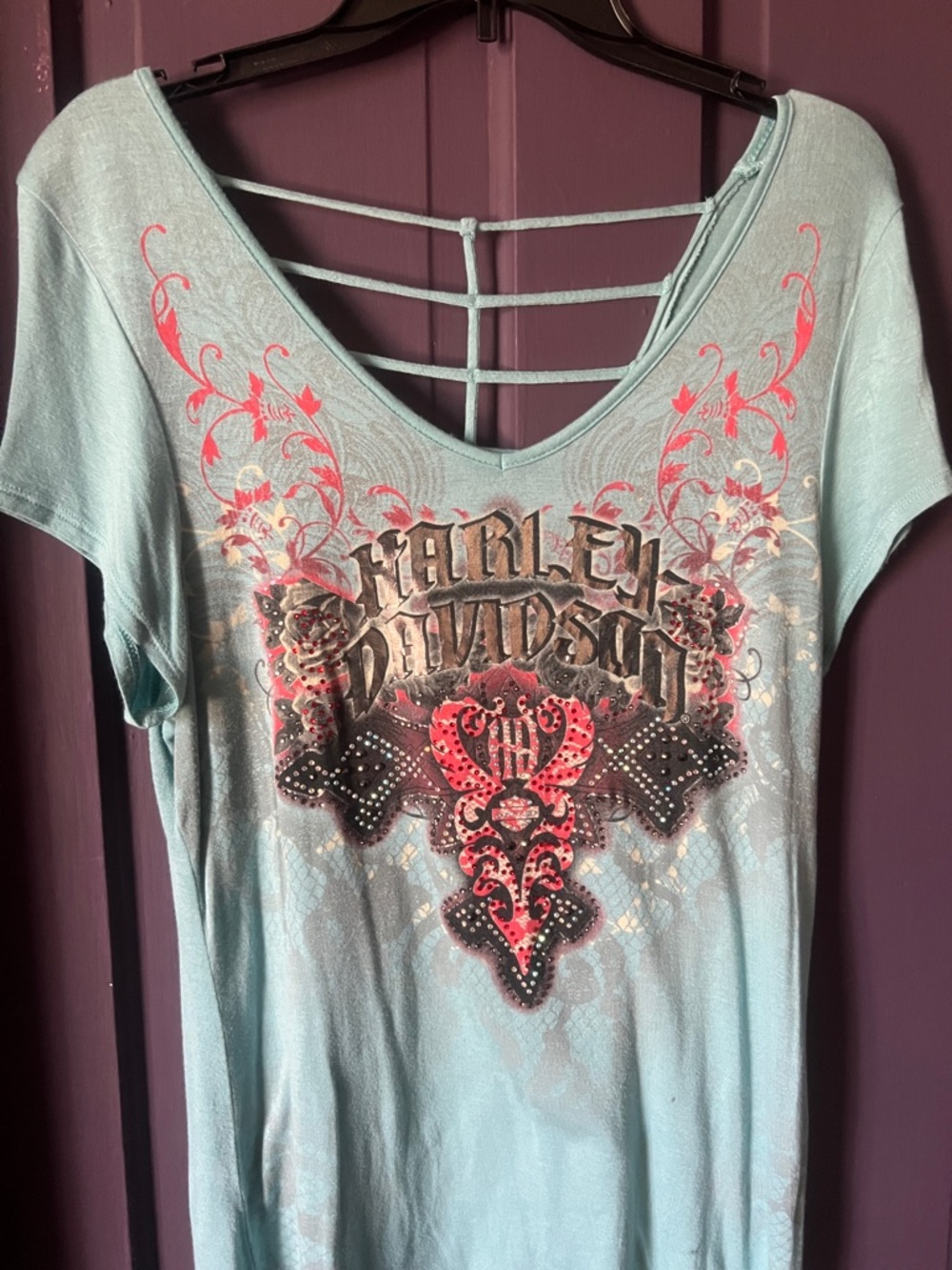 Harley-Davidson Light Blue Short Sleeve Graphic Tee with bling Accents